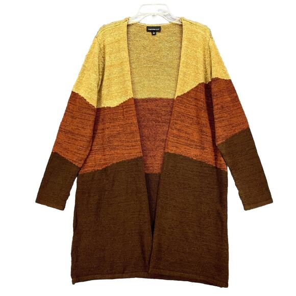 Fortune Ivy Womens Open Cardigan Size Large Artsy Boho Color Block Brown Sweater - Picture 1 of 11